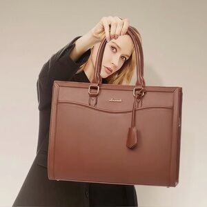 Cognac Structured Leather Laptop Tote Work Bag Gold Hardware